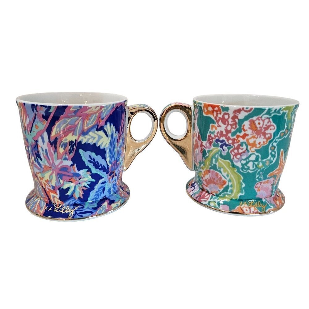 Lilly‎ Pulitzer Ceramic Mug Set Two Gold Handle12 oz Shell Search, Sunset Safari